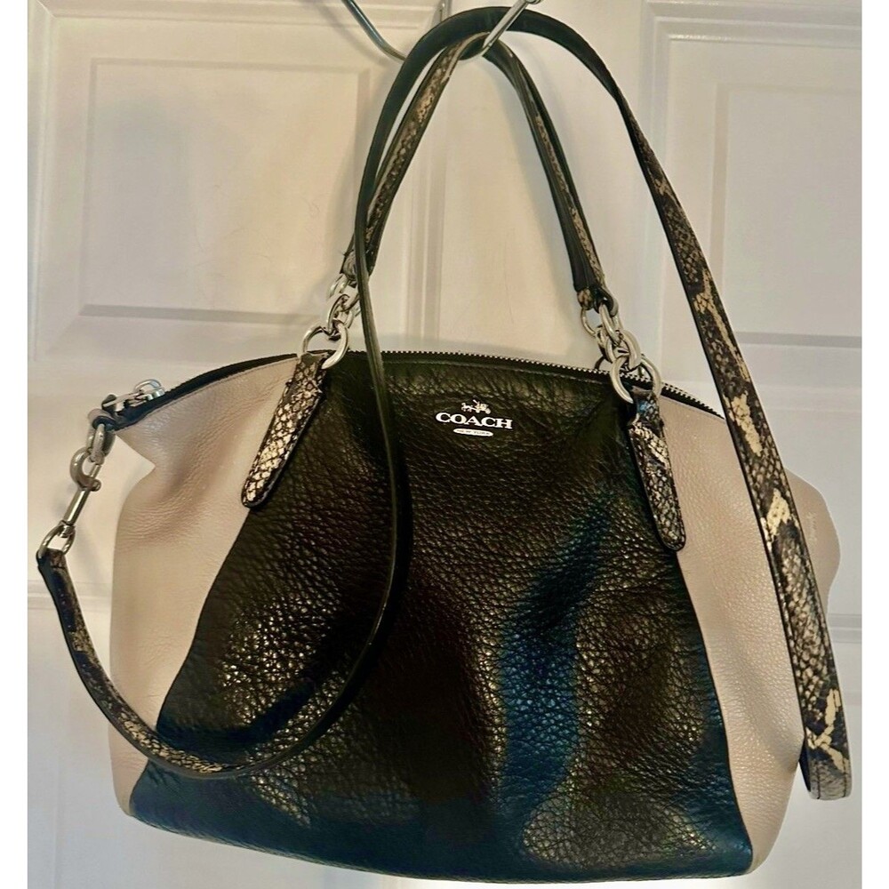 COACH KELSEY Leather+Snakeskin Blk+Tan  Satchel Crossbody Bag Detachable Strap